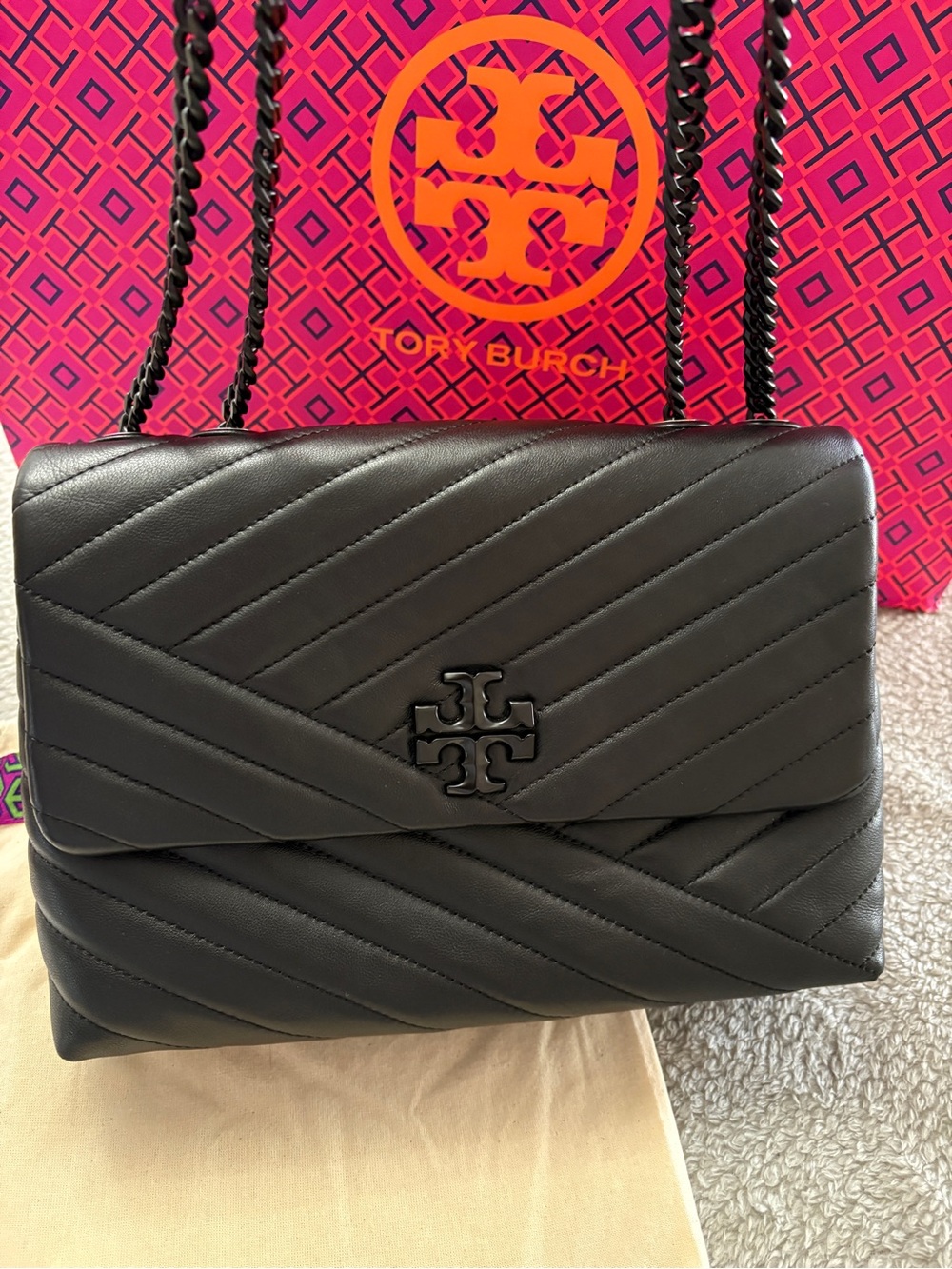 Tory Burch Kira Chevron Convertible Shoulder Bag –Black Lambskin